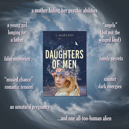 Daughters of Men book cover centered in eye of ghostly hurricane swirl surrounded by short blurb texts including "a mother hiding her psychic abilities" "a young girl longing for a father" "angels, but not the winged kind" "false memories" "family secrets" "missed chance romantic tension" "sinister dark energies" "an unnatural pregnancy" "and one all-too-human alien"